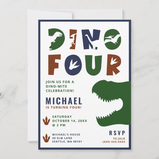 Invitation Dino Four Dinosaur 4e anniversaire de fête Invitat (Devant)