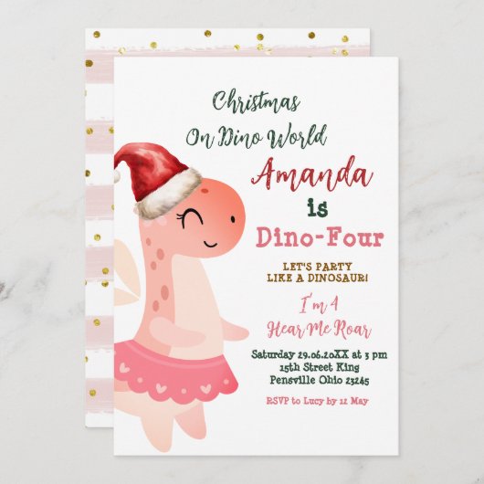Invitation Dino-Four Noël sur Dino World Girl Anniversaire (Devant / Derrière)