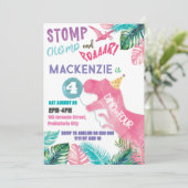 Invitation Dino-Four Rose Girl Dinosaur 4e anniversaire (Debout devant)