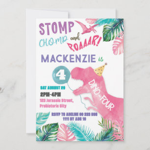 Invitation Dino-Four Rose Girl Dinosaur 4e anniversaire