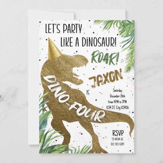 Invitation Dino Four T-Rex Dinosaur 4e fête d'anniversaire (Devant)