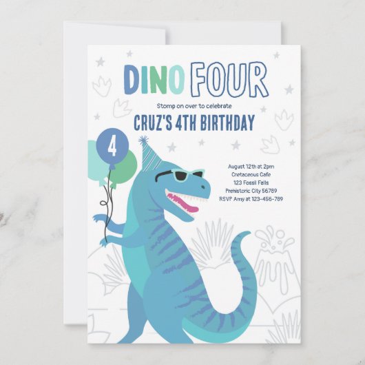 Invitation Dino Four T-Rex Dinosaur 4e fête d'anniversaire (Devant)