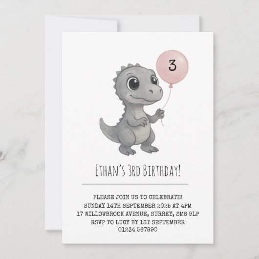 Invitation Dino gris avec ballons rose Illustration Anniversa (Devant)