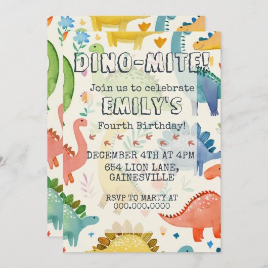 Invitation DINO-MITE Aquarelle Dinosaure Anniversaire de enfa (Devant / Derrière)