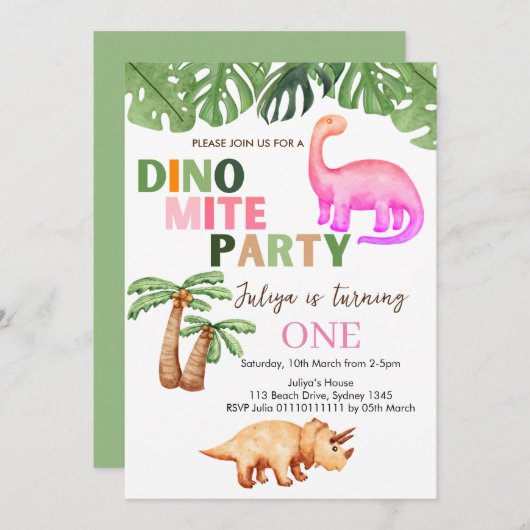 Invitation Dino-mite t-rex fête d'anniversaire rose (Devant / Derrière)