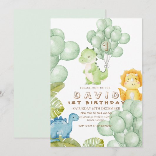 Invitation Dino Party 1er Anniversaire Ballons d'aquarelle (Devant / Derrière)