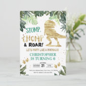 Invitation Dino Party Boy Gold Dinosaur Anniversaire (Debout devant)