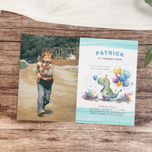Invitation Dino Party Cute Aquarelle Boy Blue Anniversaire