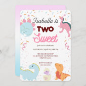 Invitation Dino Party Dinosaures mignonette deux douce fille  (Devant / Derrière)