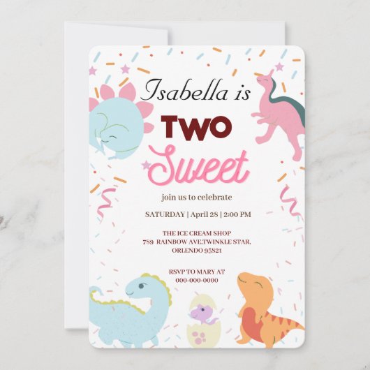 Invitation Dino Party Dinosaures mignonette deux douce fille  (Devant)