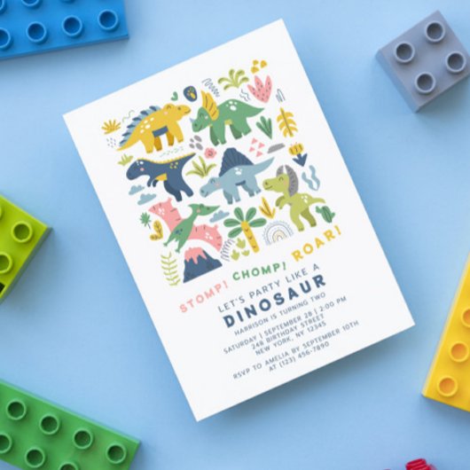 Invitation Dino Party mignonne Dinosaures moderne Deuxième an