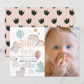 Invitation Dino Party Pink Dinosaur fille 1er anniversaire (Devant / Derrière)