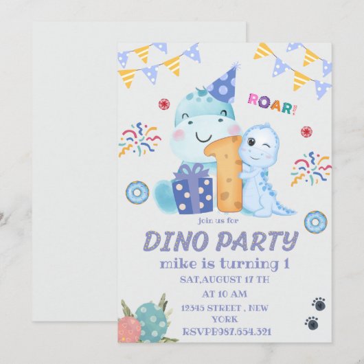 Invitation Dino Party premier anniversaire dinosaures mignons (Devant / Derrière)