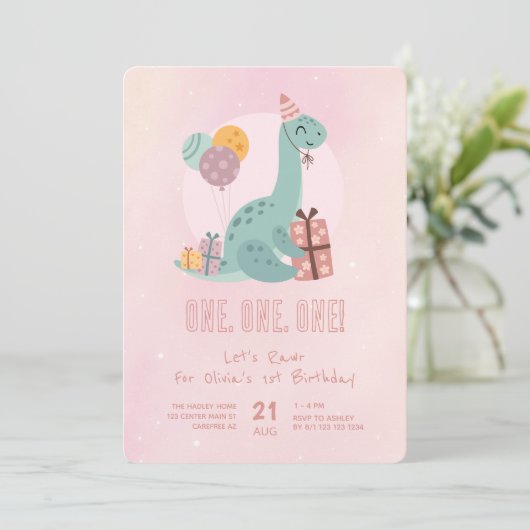 Invitation Dino Party Rawr rose 1er anniversaire (Debout devant)