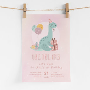 Invitation Dino Party Rawr rose 1er anniversaire