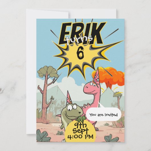 Invitation Dino personnalisé 6e anniversaire pour les garçons (Devant)