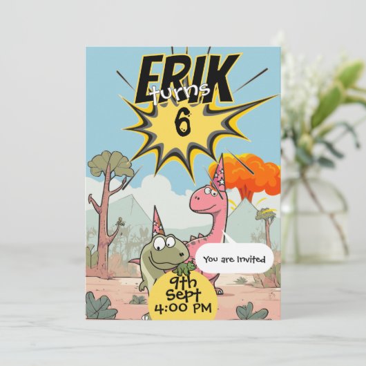Invitation Dino personnalisé 6e anniversaire pour les garçons (Debout devant)