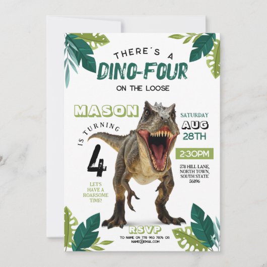 Invitation Dino Quatre Anniversaire Dinosaur Roar T-Rex 4e (Devant)