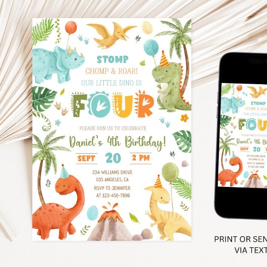 Invitation Dino Quatre Quatrième fête d'anniversaire 4e anniv