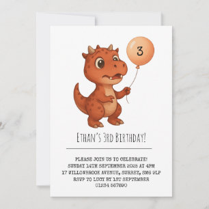 Invitation Dino Rouge Tacheté avec Ballon Pêche Anniversaire