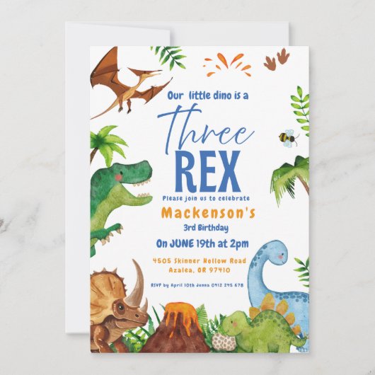 Invitation Dino three rex 3rd boy Dinosaur birthday party (Devant)