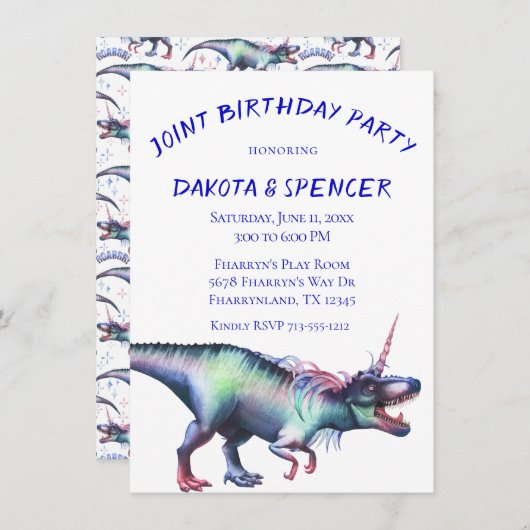 Invitation Dinocorn fête d'anniversaire conjointe | Unicorn D (Devant / Derrière)