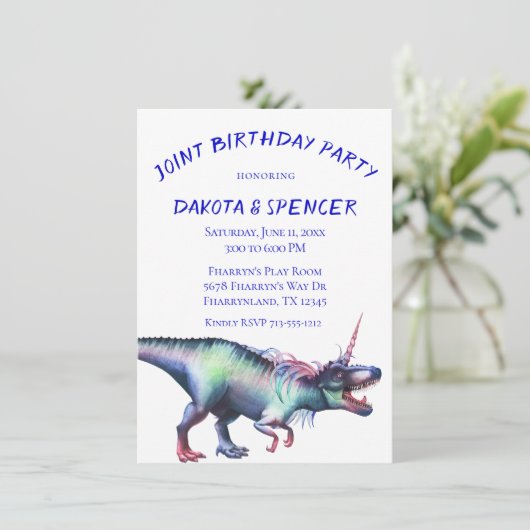 Invitation Dinocorn fête d'anniversaire conjointe | Unicorn D (Debout devant)