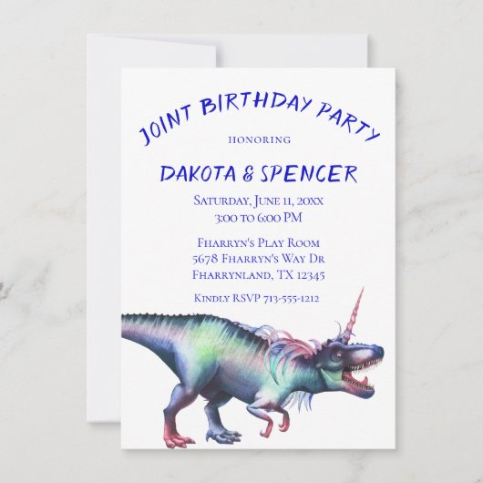 Invitation Dinocorn fête d'anniversaire conjointe | Unicorn D (Devant)