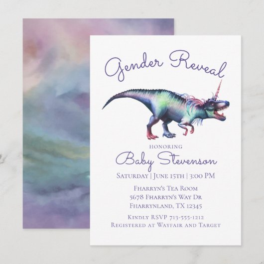 Invitation Dinocorn Révélation de genre | Dinosaure de licorn (Devant / Derrière)