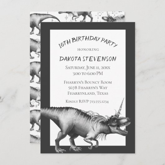 Invitation Dinocorn Silver | Unicorn Dinosaur fête d'annivers (Devant / Derrière)
