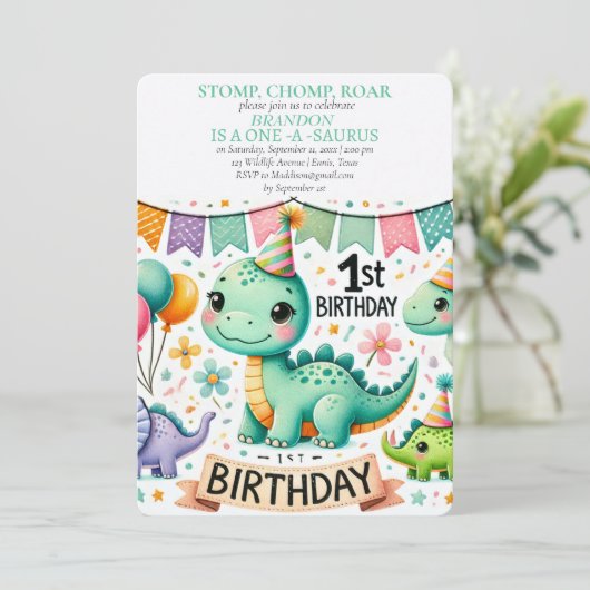 Invitation Dinosaur 1er anniversaire Boy Stomp Chomp Roar (Debout devant)
