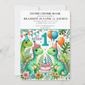 Invitation Dinosaur 1er anniversaire Boy Stomp Chomp Roar (Devant)
