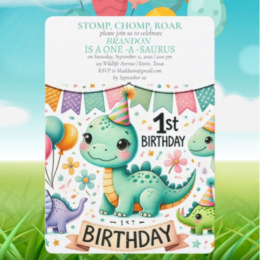 Invitation Dinosaur 1er anniversaire Boy Stomp Chomp Roar