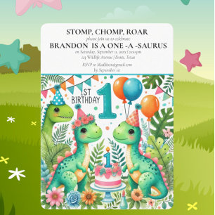Invitation Dinosaur 1er anniversaire Boy Stomp Chomp Roar