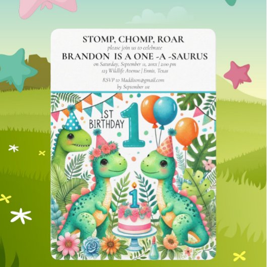 Invitation Dinosaur 1er anniversaire Boy Stomp Chomp Roar