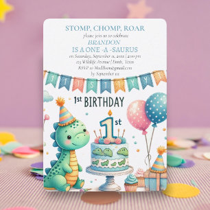 Invitation Dinosaur 1er anniversaire Boy Stomp Chomp Roar