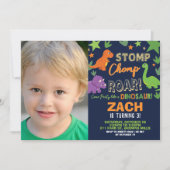 Invitation Dinosaur 1er anniversaire Boy Stomp Chomp Roar (Devant)