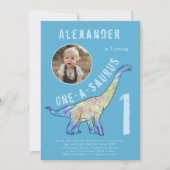 Invitation Dinosaur 1er anniversaire fête bleu (Devant)