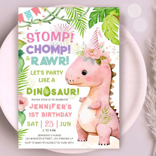 Invitation Dinosaur 1er anniversaire fête rose Dinosaure fill