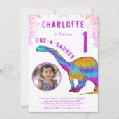 Invitation Dinosaur 1er anniversaire fête rose photo (Devant)