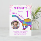 Invitation Dinosaur 1er anniversaire fête rose photo (Debout devant)