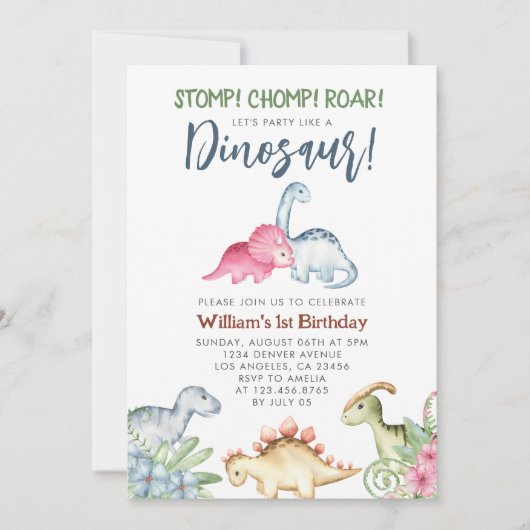 Invitation Dinosaur 1er anniversaire fête Stomp Chomp Roar Bo (Devant)