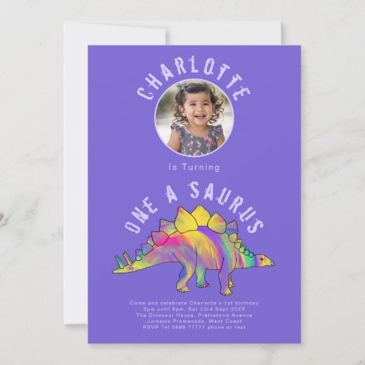 Invitation Dinosaur 1er anniversaire fête violet (Devant)