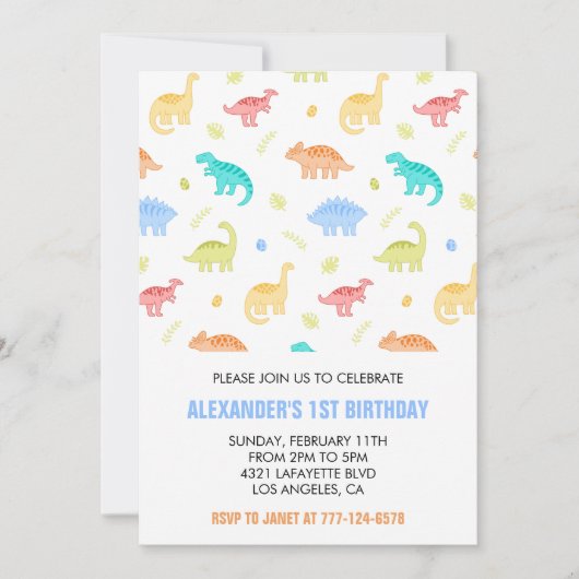 Invitation Dinosaur 1er anniversaire garçon jungle enfants à (Devant)