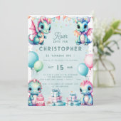 Invitation Dinosaur 1er anniversaire Pastel Cute Dino Dragon  (Debout devant)