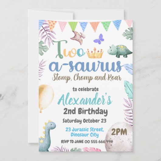 Invitation Dinosaur 2e anniversaire Deux-A-Saurus Boy Party (Devant)