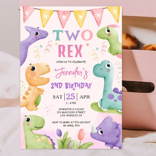 Invitation Dinosaur 2e anniversaire fille mignonne deux Rex A
