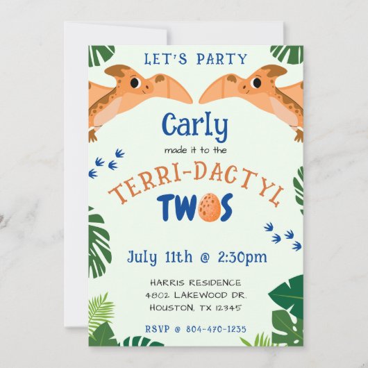 Invitation Dinosaur 2e anniversaire Funny Green Pterodactyle (Devant)