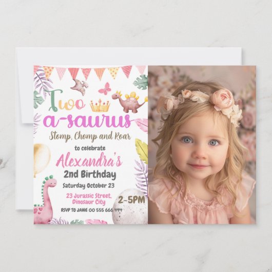 Invitation Dinosaur 2e anniversaire Photo Deux-A-Saurus Girl (Devant)