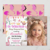 Invitation Dinosaur 2e anniversaire Photo Deux-A-Saurus Girl (Devant / Derrière)